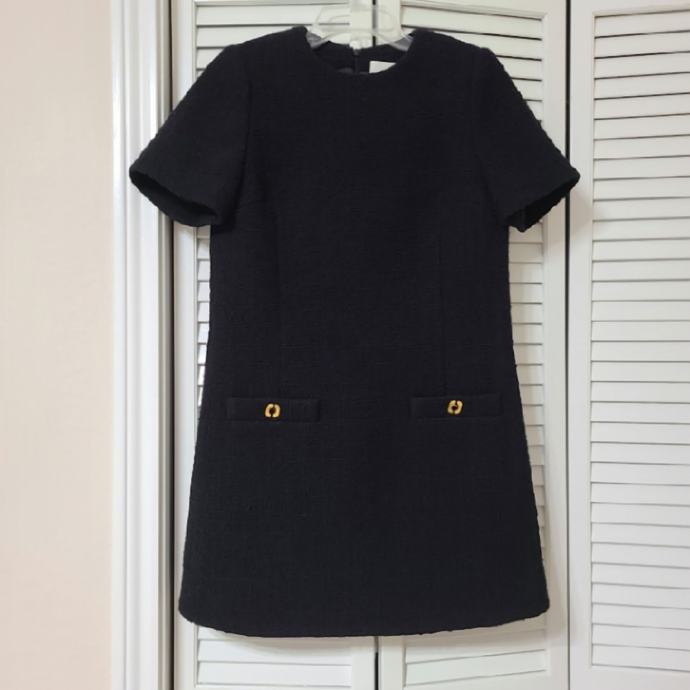 ba&sh Mel Wool Black Trapeze Short Sleeve Dress Gold Accents Small